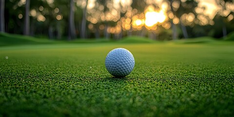 A golf ball perfectly positioned on pristine green turf of a wellmaintained golf course