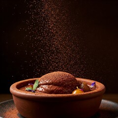 slow-motion shot of cacao dust being sprinkled over a Peruvian-inspired chocolate mousse.