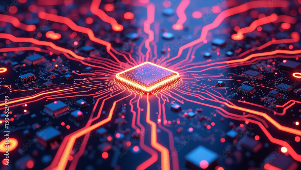 Poster bright digital circuits radiating energy in a futuristic neon setting background