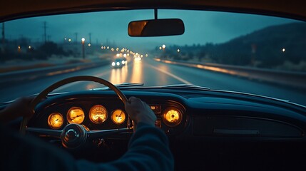 Obraz premium Classic car driving at night on highway with rain