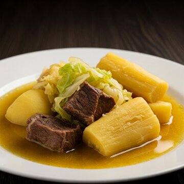close-up of Sancochado, a traditional boiled meat stew with yucca, cabbage, and potatoes, plated elegantly.
