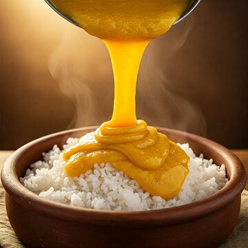 slow-motion capture of creamy Locro de zapallo (pumpkin stew) being poured over steaming white rice.

