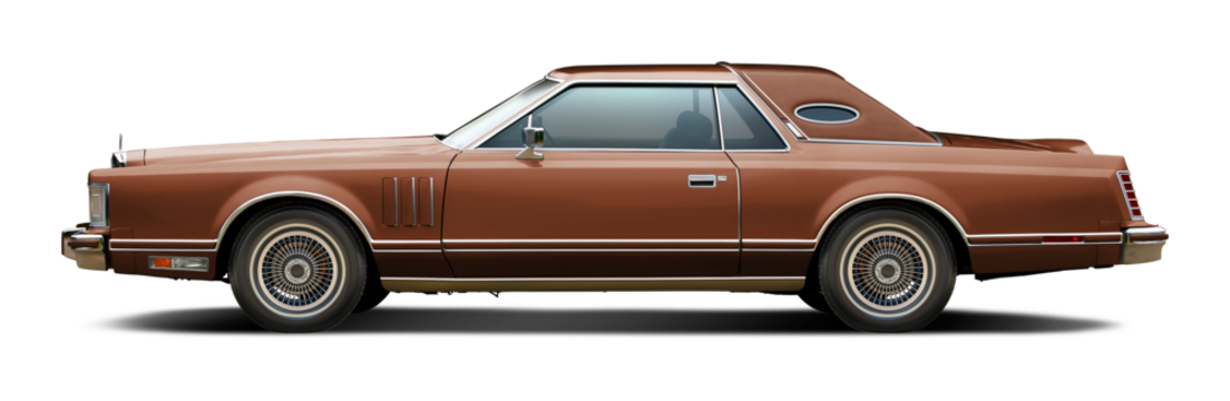 Classic American luxury car in brown. With a coupe body and a soft top in brown. In png format on a transparent background.