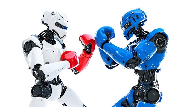 Intense battle scene between two futuristic fighting robots in an epic showdown