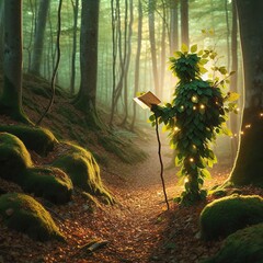 A gentle forest spirit made of leaves and light, guiding lost travelers