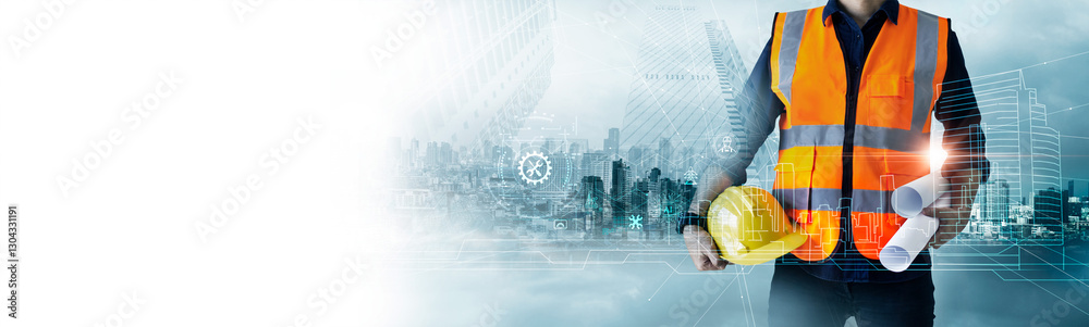 Poster Professional construction engineer at site. Industrial innovation technology in modern engineering, the use of advanced tools and digital planning for smart solution in real estate development.