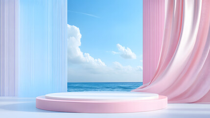Fototapeta premium Blue sky, white curtains, and a tropical beach view with waves and the ocean