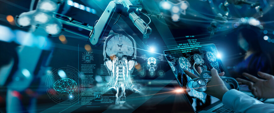 Doctor or neurologist team meeting and analysis. Diagnose checking brain testing result with ai technology on virtual interface connected with laptop and robotics, Science, Ai. Medical technology.