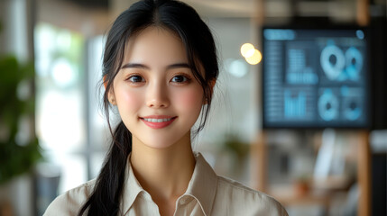 Young data analyst smiling in modern technology company with digital charts in background