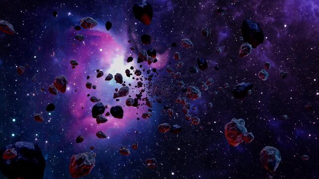 Massive dark asteroids drifting across luminous cosmic nebula, revealing mysterious interstellar expanse with ethereal galactic movement and surreal celestial beauty