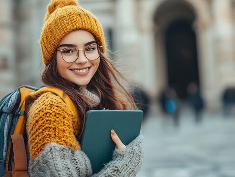 A stylish woman wearing glasses and a bright yellow hat while holding a modern tablet