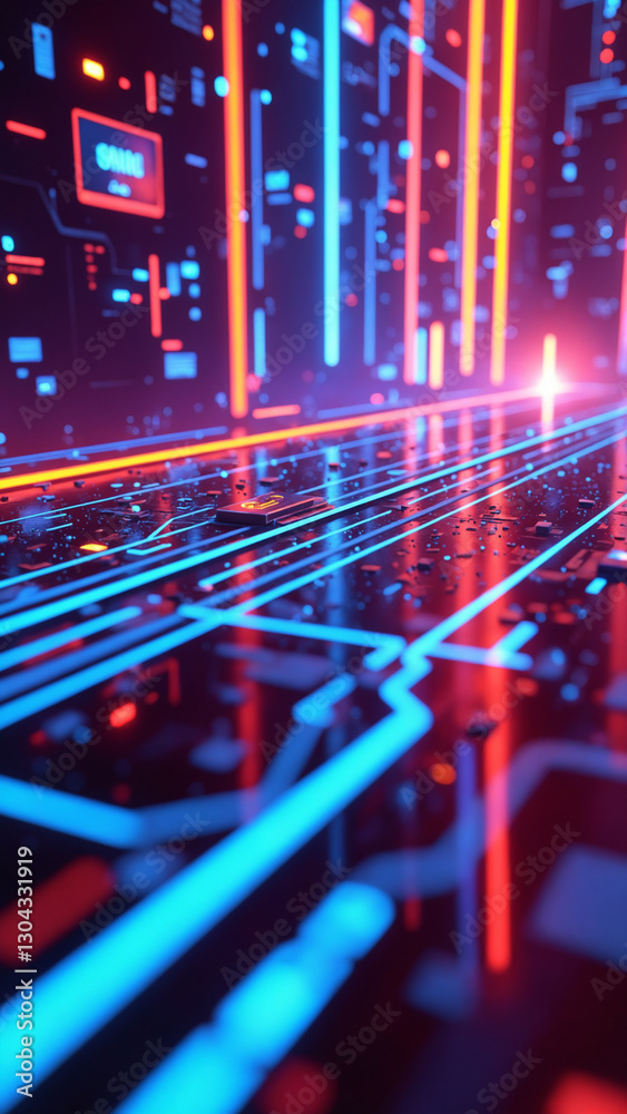 Poster bright digital circuits radiating energy in a futuristic neon setting background