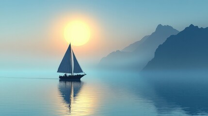A tiny sailboat, like a fragile bird, glided gracefully across a tranquil blue sea, bathed in the gentle glow of a pale sun, a symphony of nature is tranquility.