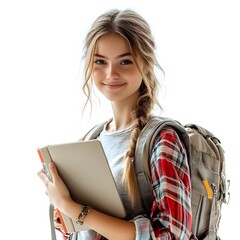 Focused girl with a backpack and laptop, sitting in a park while studying or working outdoors