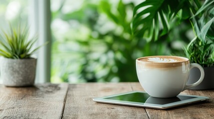 A beautiful scene showcasing a cup of coffee on a sleek tablet, surrounded by greenery, blending technology with nature, symbolizing relaxation and modern lifestyle.