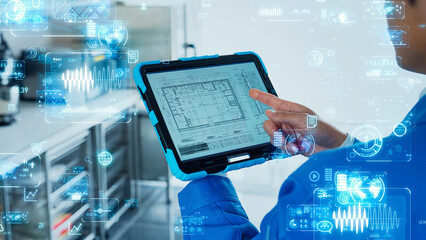 Digital data concept with worker doing inspection on tablet