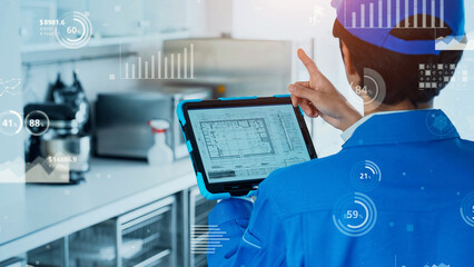 Statistics concept with worker inspecting with tablet