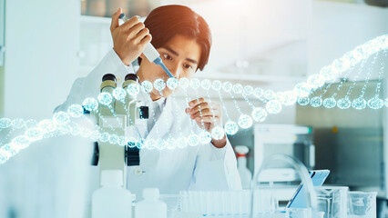 実験する研究者と遺伝子イメージ