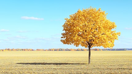 Solitary Yellow Tree in Autumn Field under a Sunny Sky
