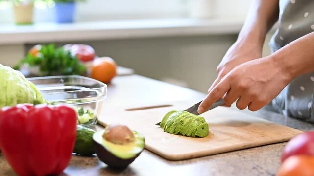 Closeup female hands slice fresh ripe avocado  of knife. Woman  is cooking healthy food in kitchen with vegetables for breakfast or lunch.