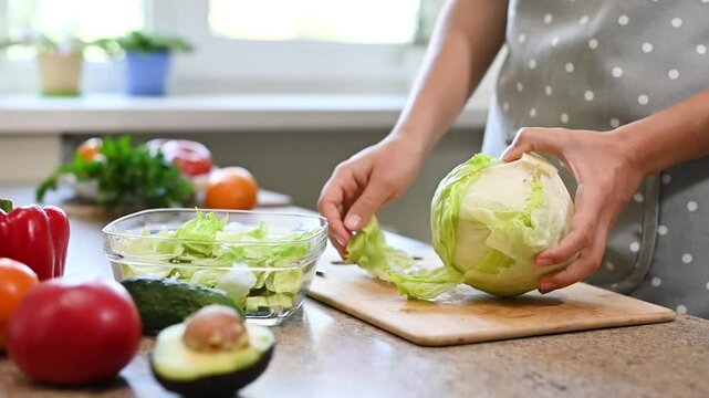 Closeup female hands tear off iceberg lettuce leaves.  Woman  is cooking healthy food in kitchen with vegetables for breakfast or lunch.