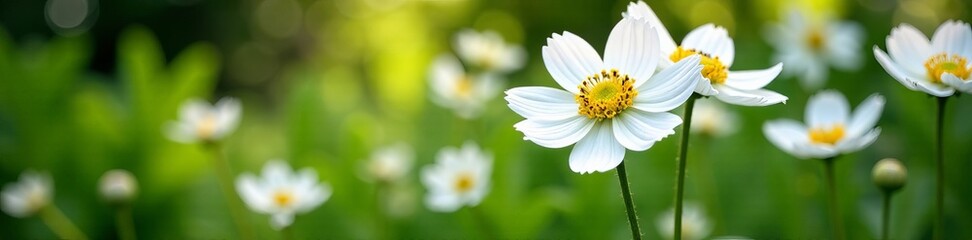 Fototapeta premium High angle view of white anemone canadensis flowers growing in a garden, bloom, flowers, high angle view