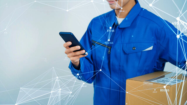 Delivery man using smartphone and communication network concept