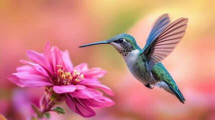Hummingbird hovering near vibrant pink flower in sunlight