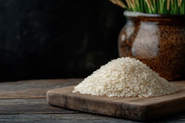 Uncooked rice grains forming a small mound on a board