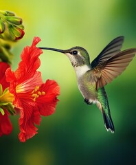 Fototapeta premium Hummingbird feeding on vibrant red flower in a lush garden