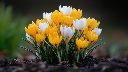 Fototapeta premium A cluster of vibrant crocuses, their delicate petals unfurling in a symphony of yellow and white, heralding the arrival of spring is gentle touch.