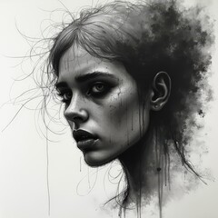 Fototapeta premium Woman Ink and coal expressive drawing illustrating vulnerability and emotional depth with gestural lines