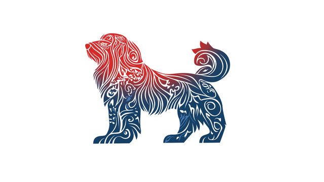 Ornate Tibetan Mastiff Dog Silhouette in Red and Blue Gradient