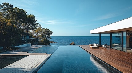 Fototapeta premium Coastal Modern Villa Pool Deck Overlooking Sea