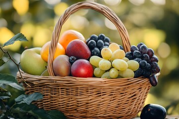 A wicker basket overflowing with a variety of fresh fruits, including apples, oranges, mangoes, plums, grapes, and blueberries.
