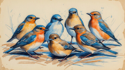 Fototapeta premium Birds group with blue and orange colors, ink sketch on paper, standing together in calm pose, drawing design with wings and brown beak