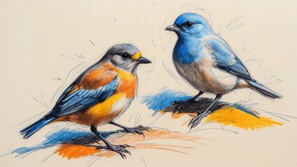 Fototapeta premium Two Birds Sketch. Blue and orange bird stands on simple ground in expressive crayon style. Art shows bird illustration on light surface.