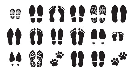 Human bare walk footprints shoes and shoe sole Kids feet vector set. footsteps icon or sign for print, trail Walking footstep and footprint follow route sale
