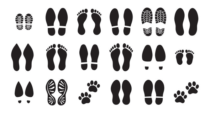 Human bare walk footprints shoes and shoe sole Kids feet vector set. footsteps icon or sign for print, trail Walking footstep and footprint follow route sale