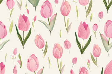 Obraz premium A beautiful seamless pattern of cute, small pink tulips, designed in a pretty ditsy style, perfect for a girly