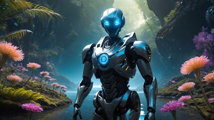 Fototapeta premium AI Robot Exploring Alien Planet – Bioluminescent Sci-Fi Landscape