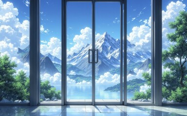 Fototapeta premium Digital Illustration of Glass Door Opening to Mountain Landscape with Snow Capped Peaks