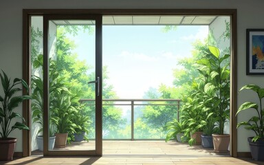 Digital Illustration of Sunlit Balcony with Green Plants and Open Sliding Glass Doors