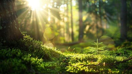 Fresh green moss is illuminated by warm sunlight filtering through the trees, creating a peaceful and vibrant forest scene..