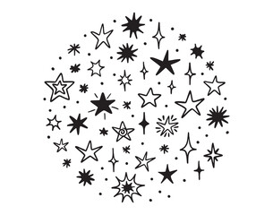 night sky stars doodle element circle shape set. Stars for print, wrapping paper, card, poster, banner. Cosmonautics Day print, astronomy, stars