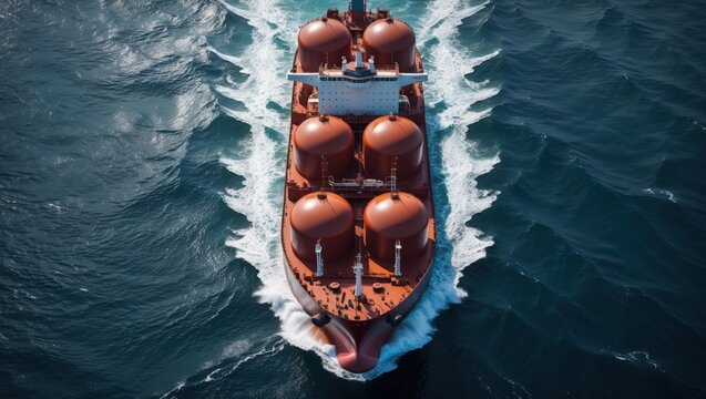 Large red ship moves on blue sea water. Big cargo tanker with round tanks sails leaving white waves behind.
