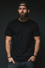 Naklejka premium Portrait of a man with a beard wearing a black t-shirt and cap