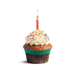 Birthday cupcake with frosting, sprinkles, and a lit candle, isolated on white. Represents celebrations, parties, or desserts. Use for party invitations, greeting cards, or food blogs.