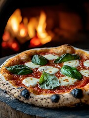 Fresh neapolitan pizza topped with basil and mozzarella