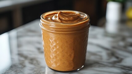 A jar of creamy almond butter, its smooth surface reflecting the warm sunlight, sat invitingly on the kitchen counter.